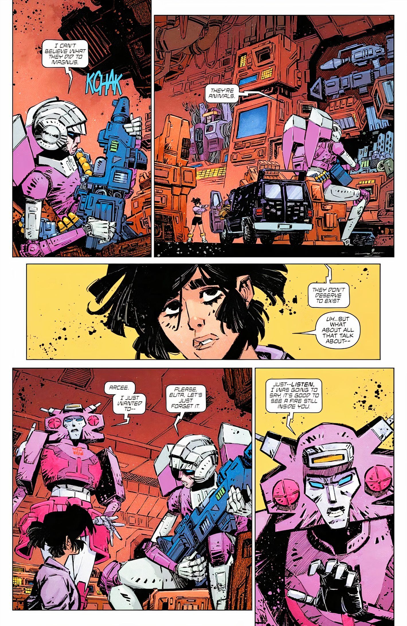 Transformers #11, Arcee diz a sua companheira humana Carly que os Decepticons não merecem viver.