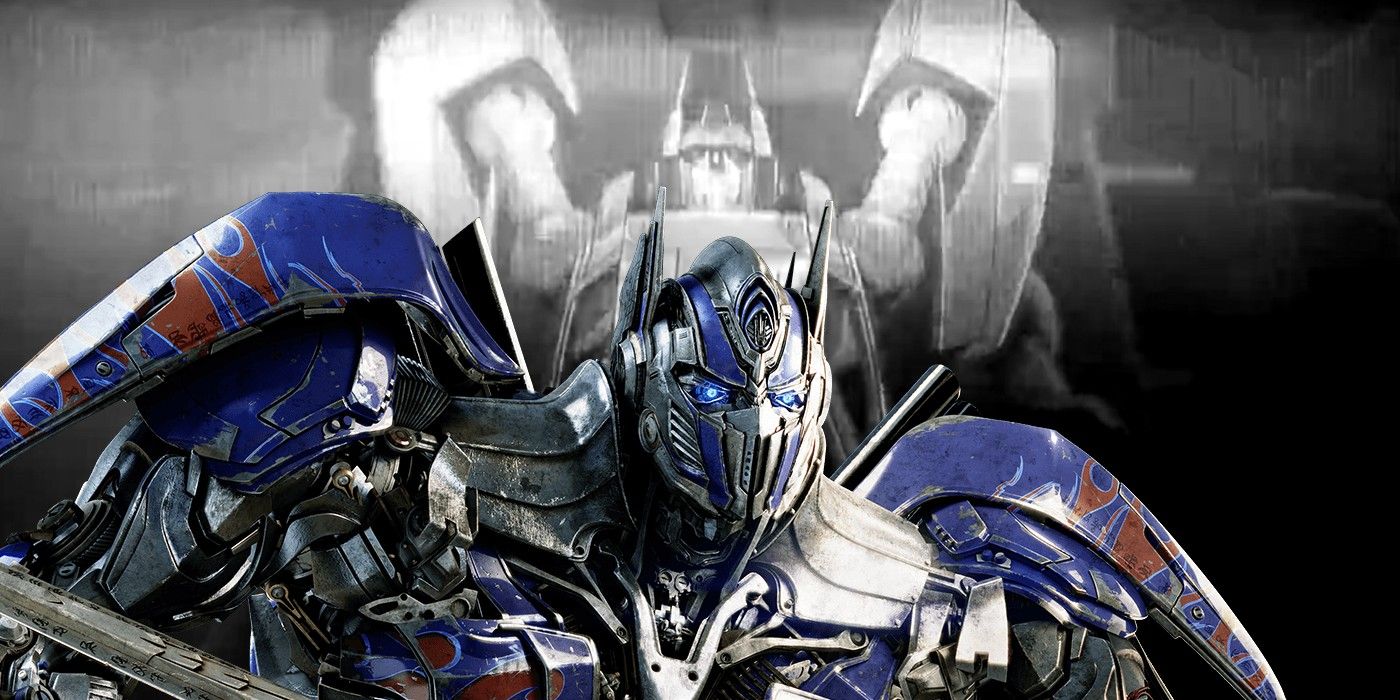 Optimus Prime centered over Transformers art by Studio Trigger.