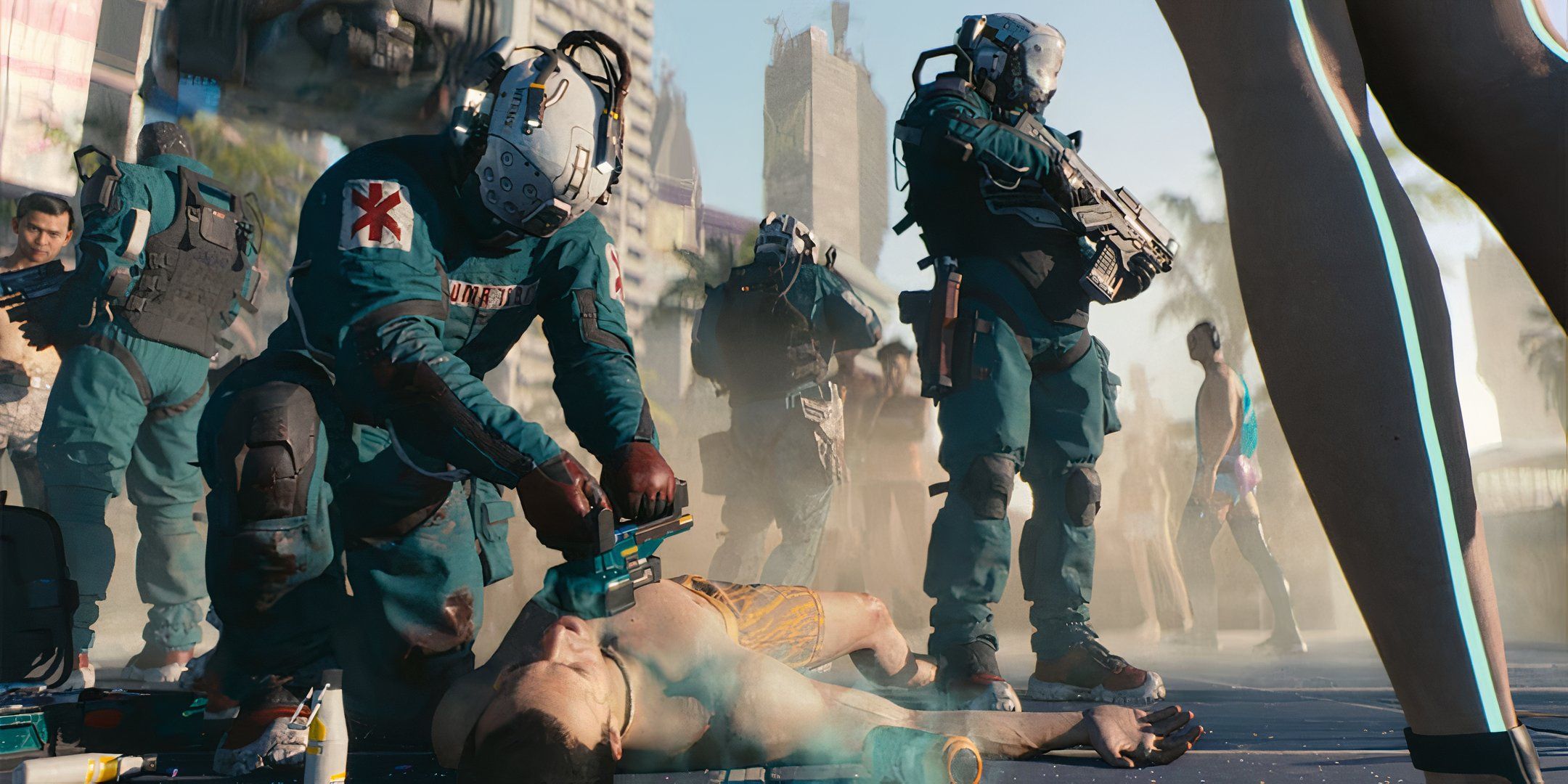 Trauma Team soldier using a defibrillator on a topless man in Night City in Cyberpunk 2077. 