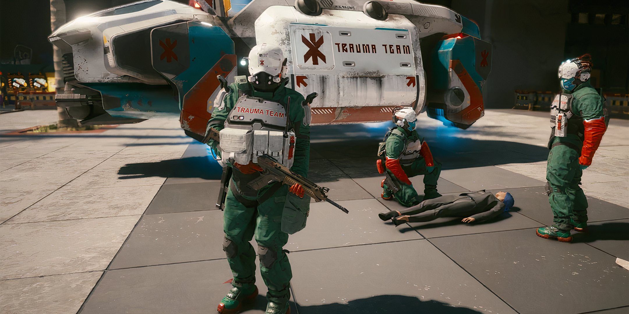 Trauma Team soldiers outside of their ship helping a person in a suit on the floor in Cyberpunk 2077.