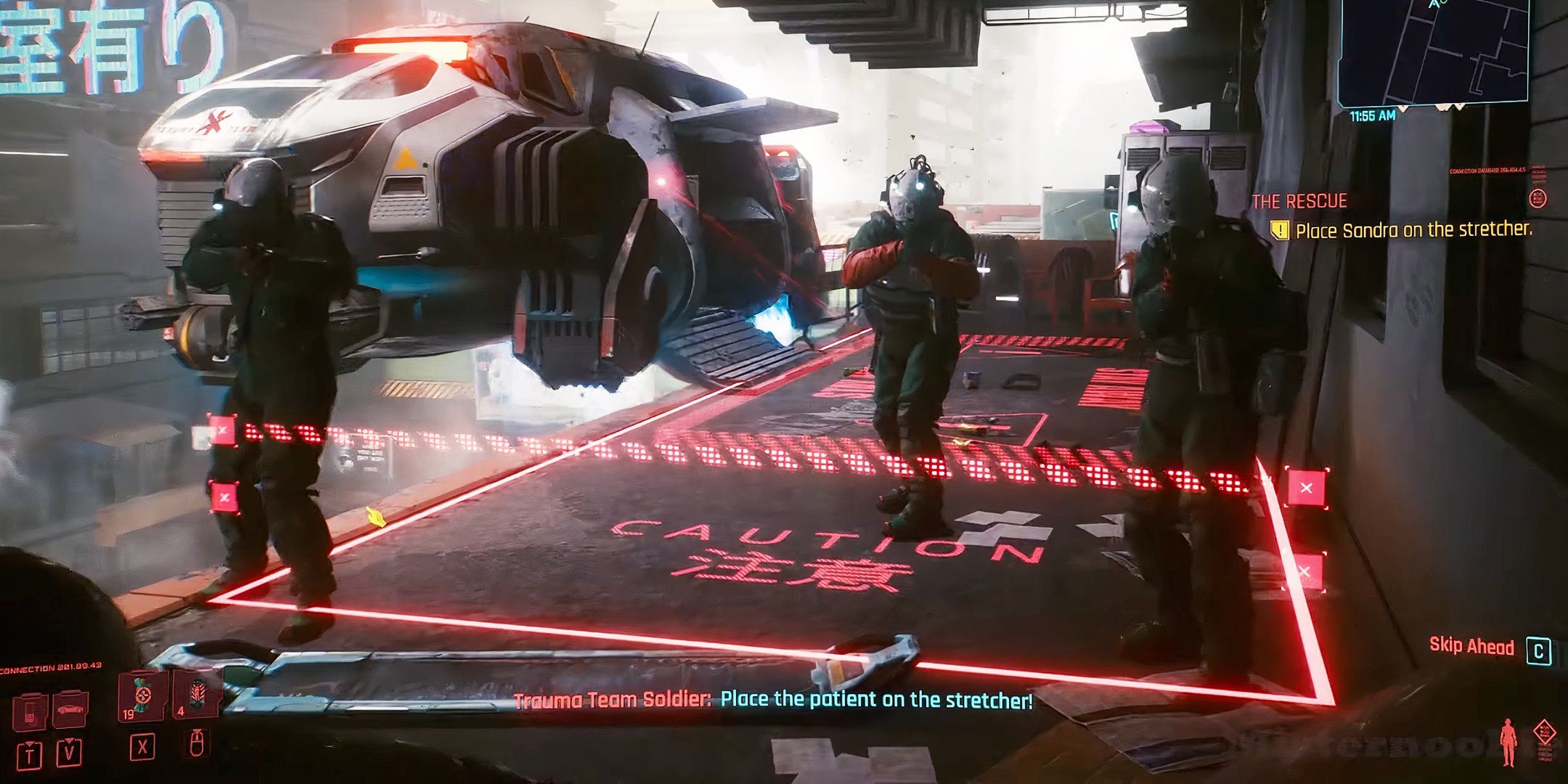 Trauma Team approaching V in the Cyberpunk 2077 mission The Rescue.