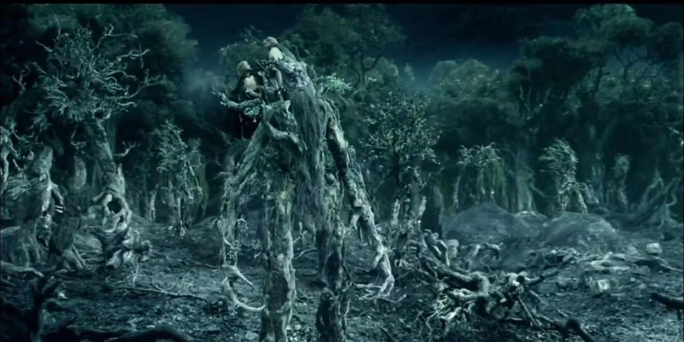 Treebeard and the Ents moving through Fangorn Forest in The Lord of the Rings: The Two Towers.