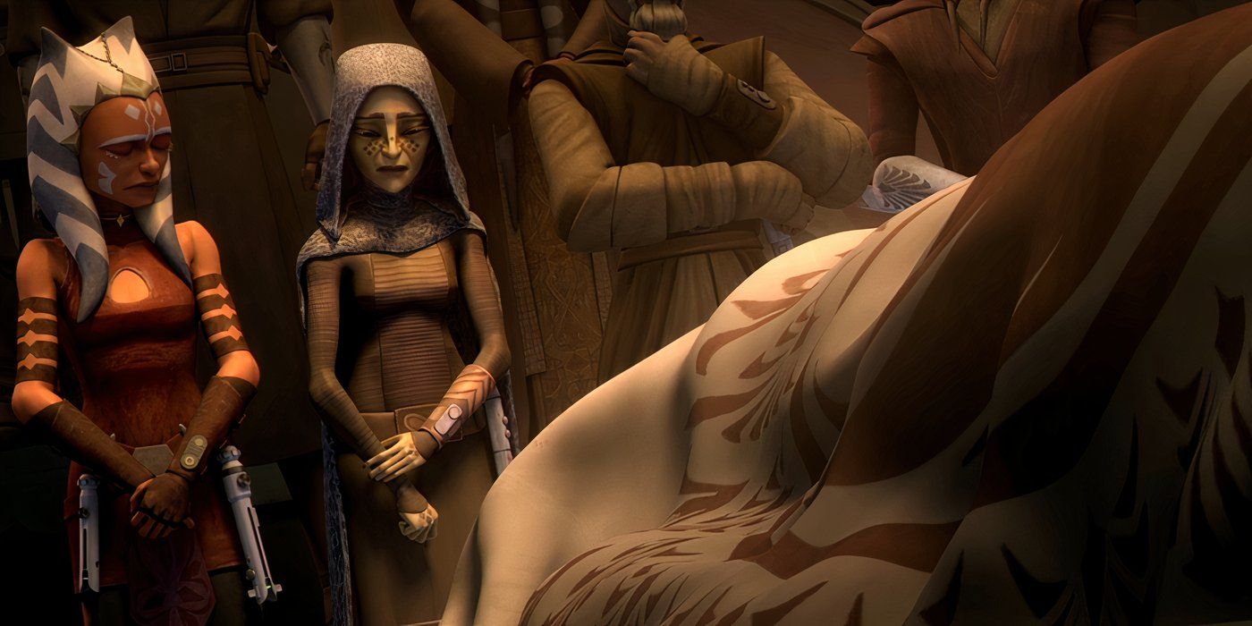 Ahsoka Tano and Barriss Offee mourn Tutso Mara and the other fallen Jedi in Star Wars: The Clone Wars season 5, episode 18 "The Jedi Who Knew Too Much."