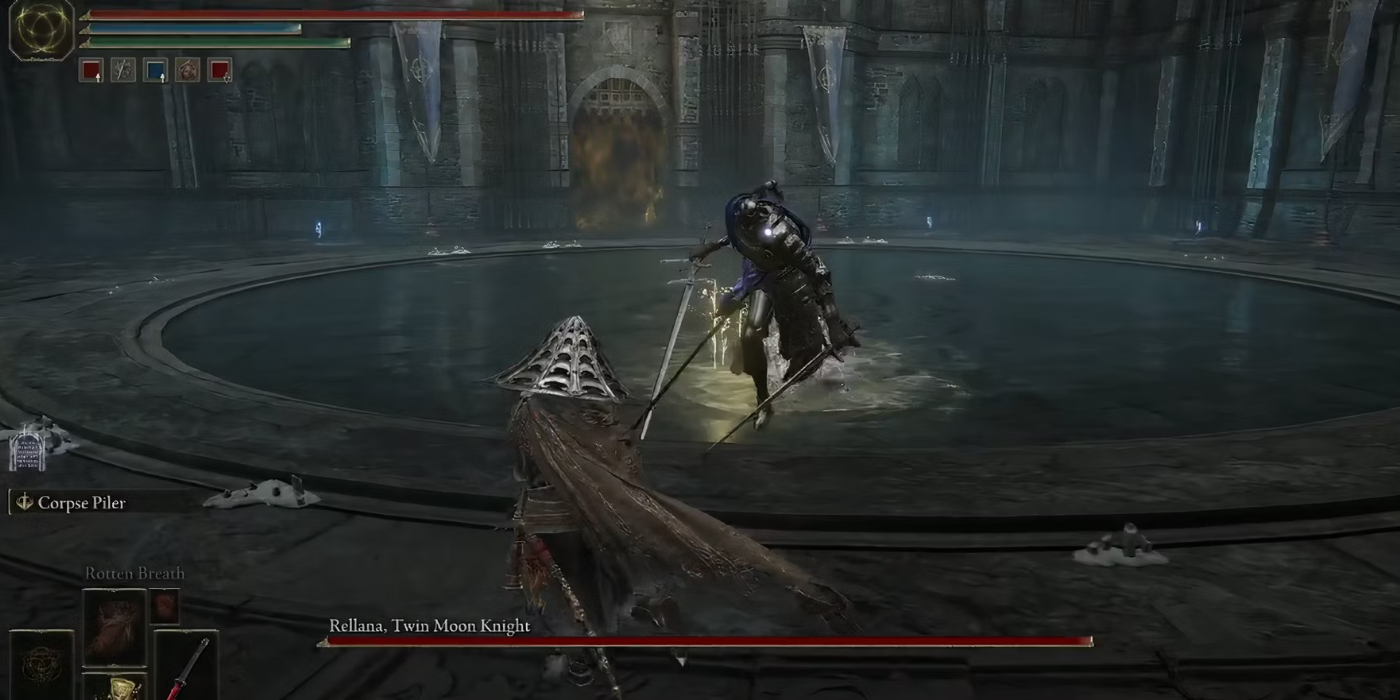 Jogador lutando contra Rellana, chefe do Twin Moon Knight em Elden Ring: Shadow of the Erdtree DLC.