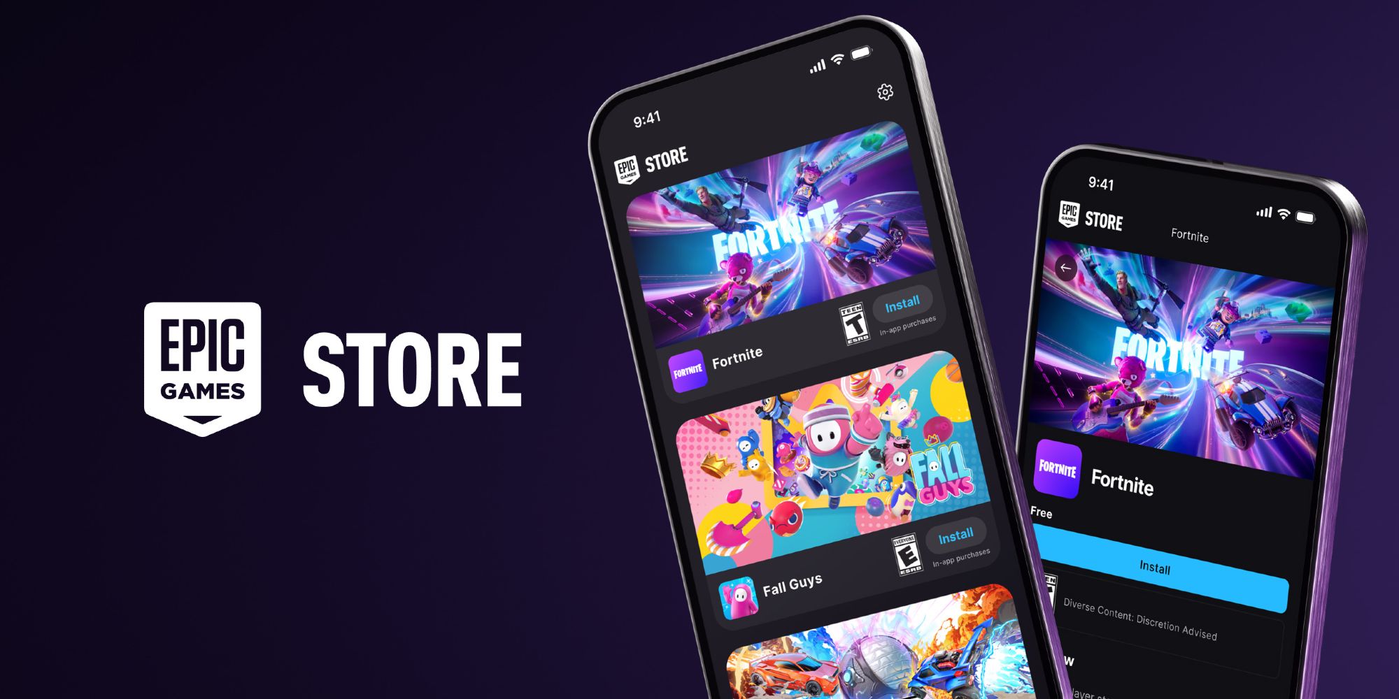 Two Apple smartphones with Epic Games Store app and Fortnite installed on purple background