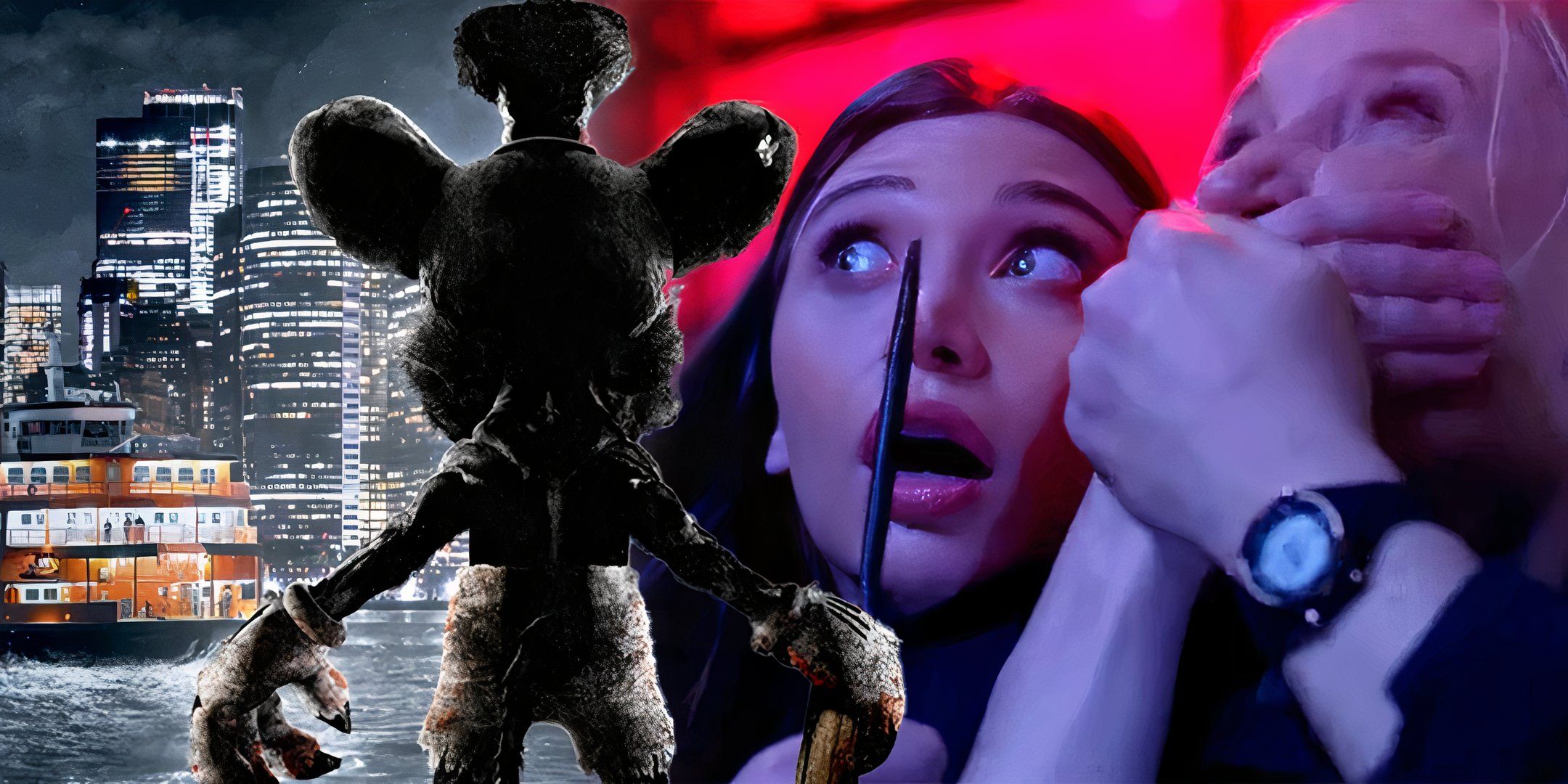 Two women looking scared next to killer Mickey Mouse in Screamboat