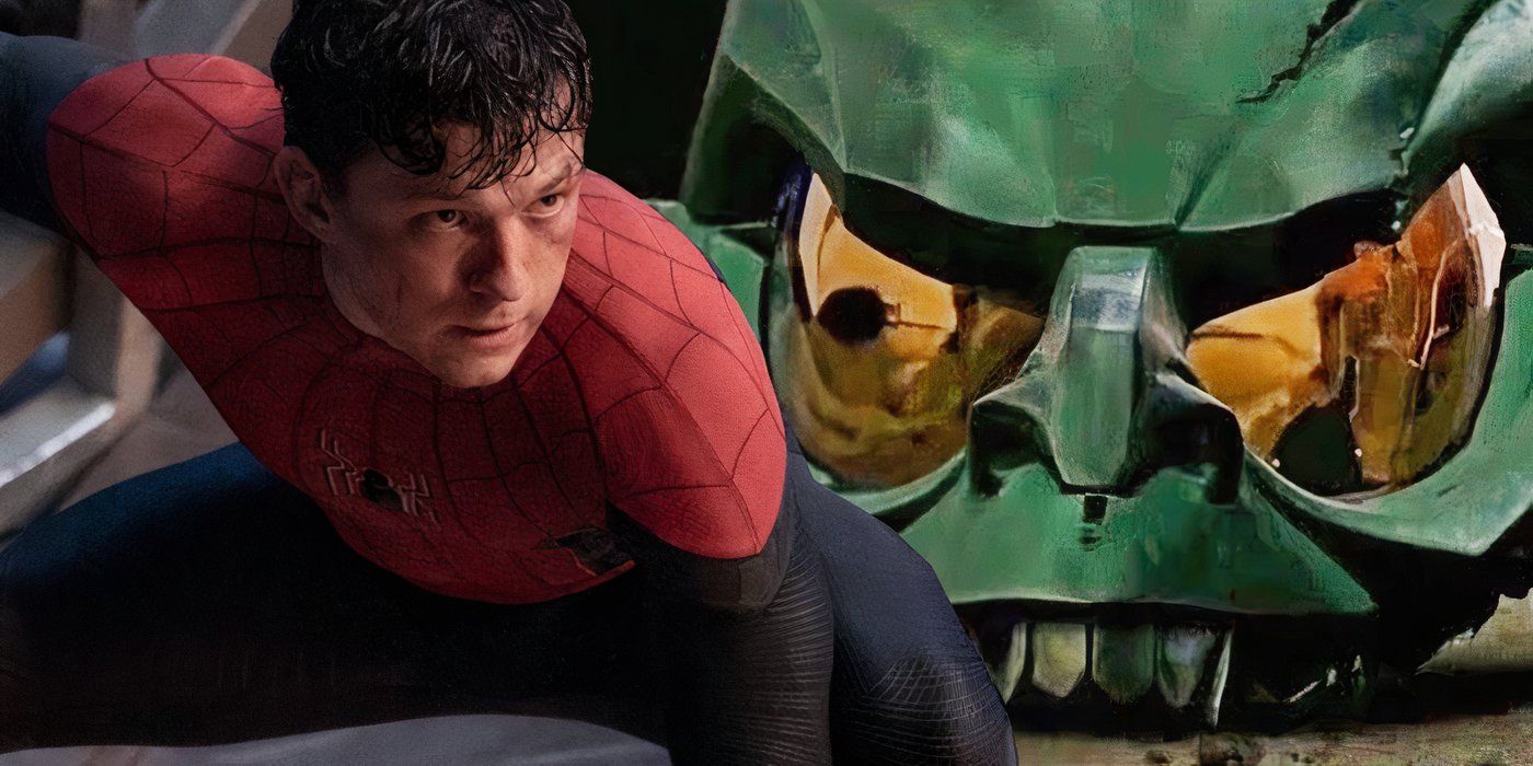 O Homem-Aranha do MCU interpretado por Tom Holland com a máscara original do Duende Verde ampliada atrás dele.