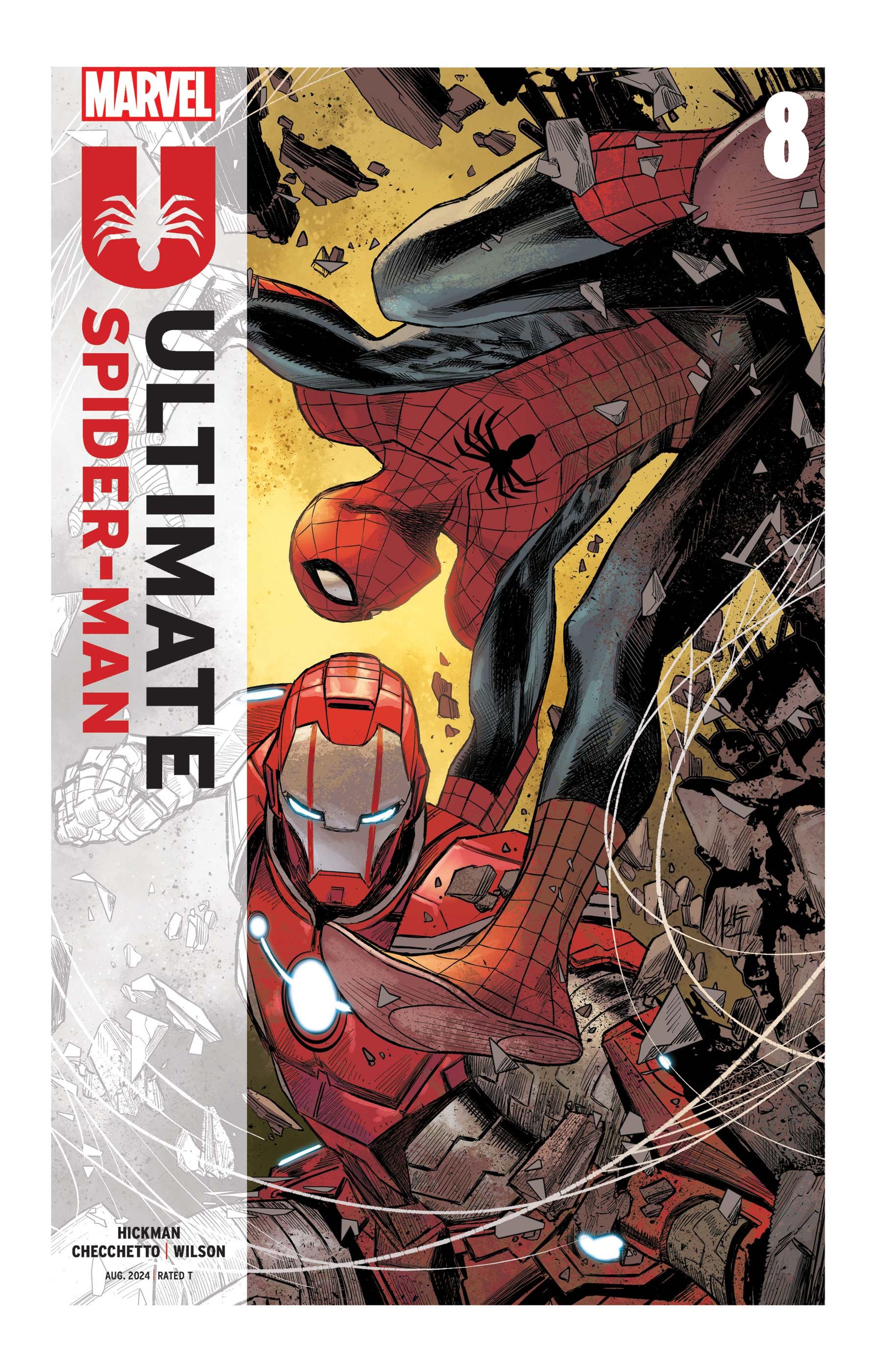 Portada de Ultimate Spider-Man #8 que muestra a Spider-Man flotando sobre la cabeza de Iron Man.