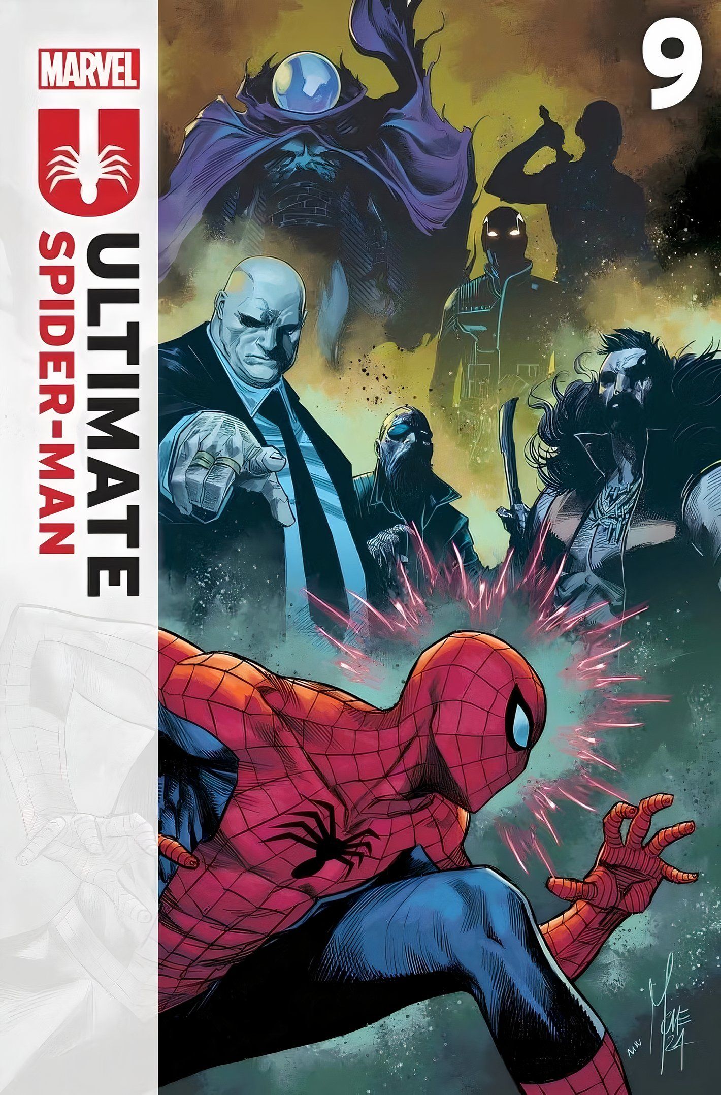 The cover of Ultimate Spider-Man #9, Spider-Man faced off against the new Sinister Six