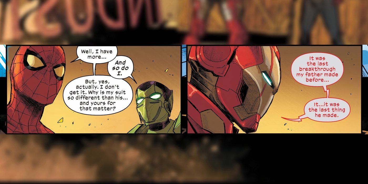 Ultimate Spider-Man asks Iron Man a question about his suit while Green Goblin stands nearby