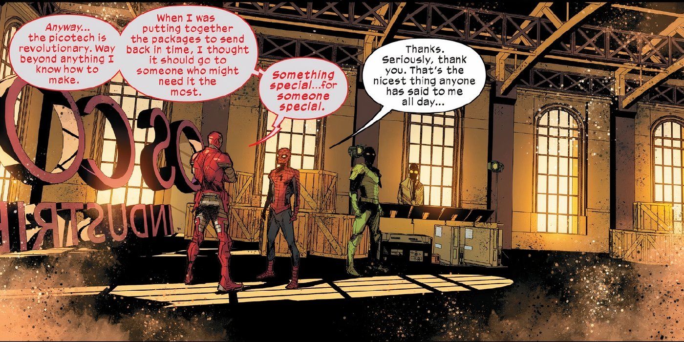 Ultimate Spider-Man, Tony Stark and Green Goblin talking about Peter's picotech in a large Oscorp Industries room