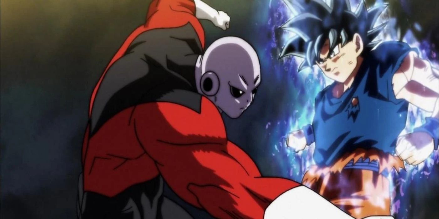 Ultra Instinct Goku fighting Jiren in Dragon Ball Super.