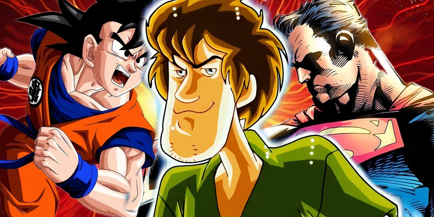 Ultra Instinct Shaggy with Goku and Superman behind him.