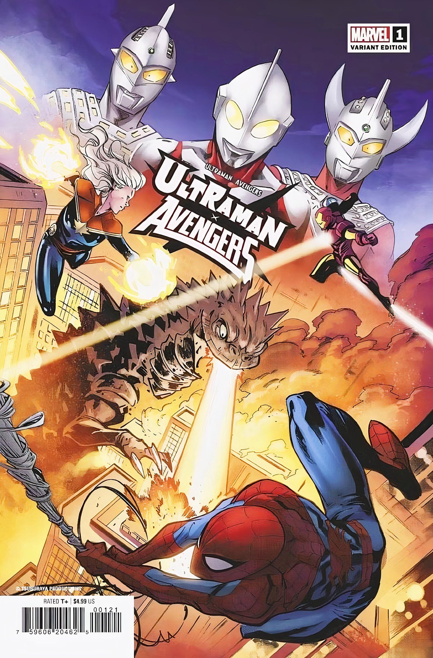 Capa da revista Ultraman X Avengers #1, Homem-Aranha, Capitã Marvel e Homem de Ferro voam para a batalha para ajudar Ultraman a lutar contra um kaiju.