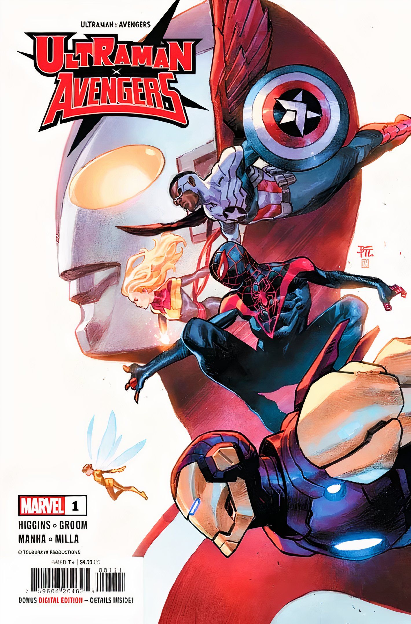 Capa de Ultraman X Avengers #1, apresentando o perfil de Ultraman com os Vingadores entrando em ação.