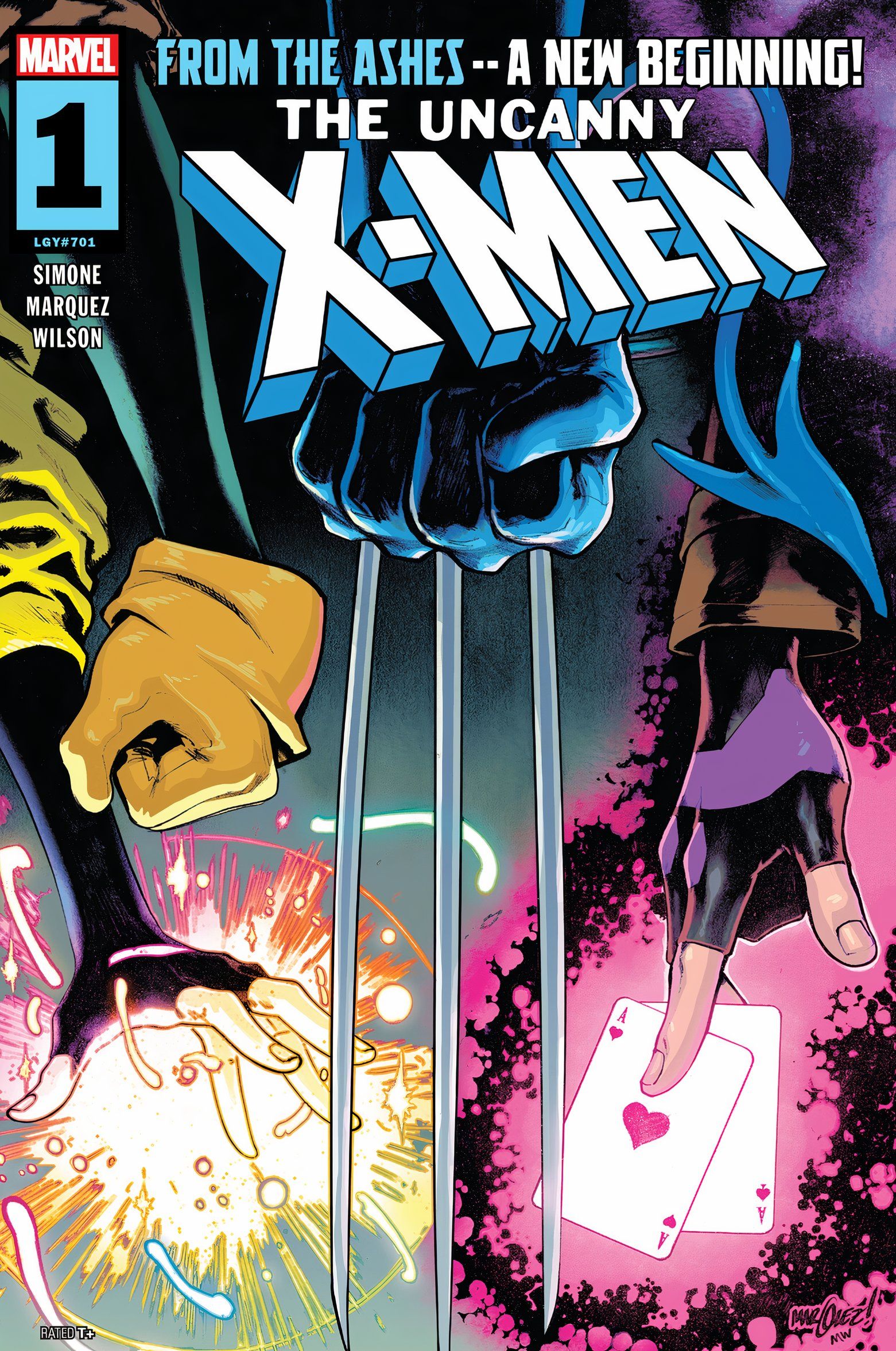 Cover of Uncanny X-Men #1 featuring the hands of Jubilee, Rogue, Wolverine and Gambit and Nightcrawler's tail. 