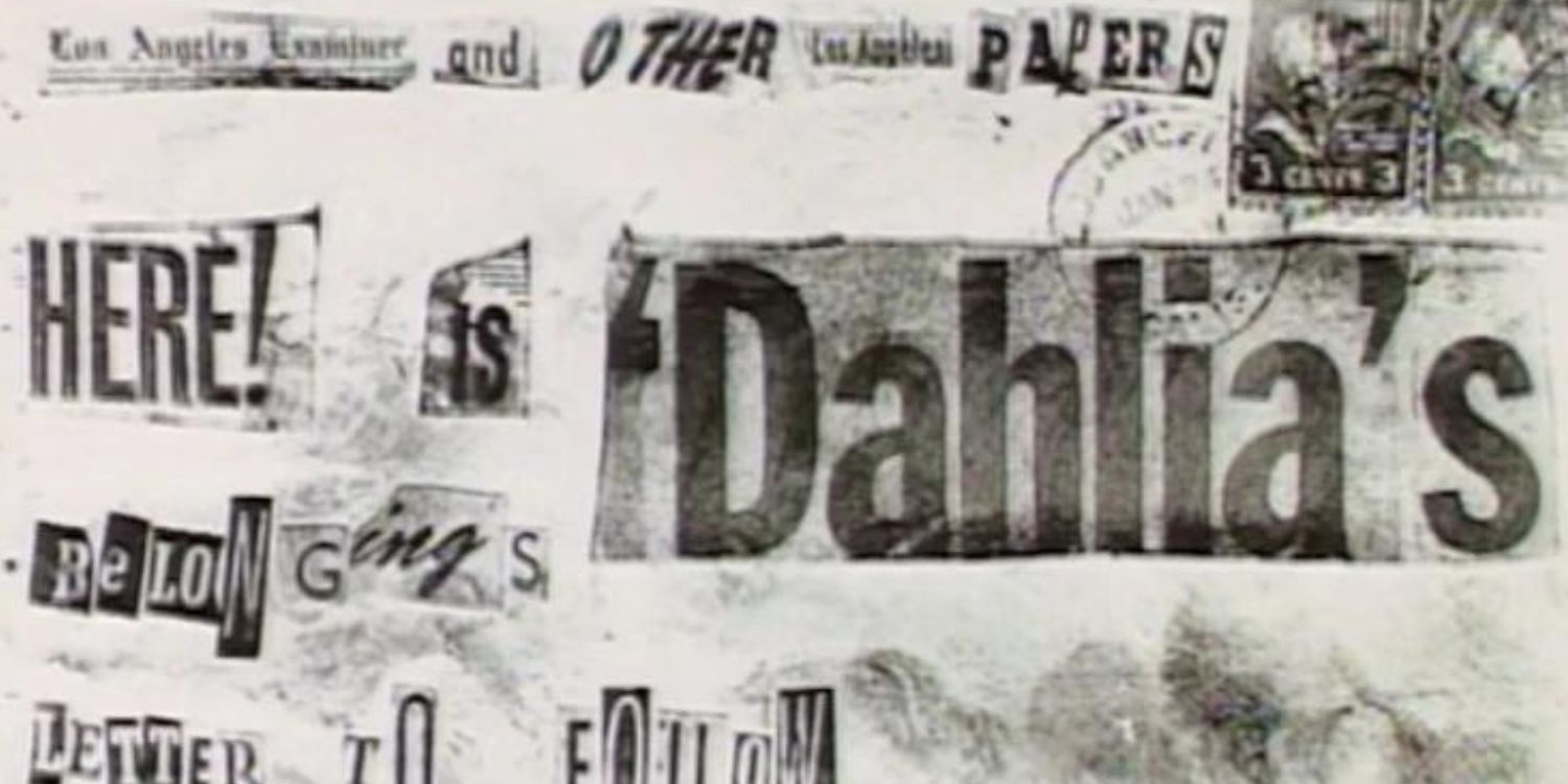 A still from Unsolved Mysteries. An image of a strange note made up of newspaper clippings, saying, "Here is Dahlia's belongings, letter to follow."