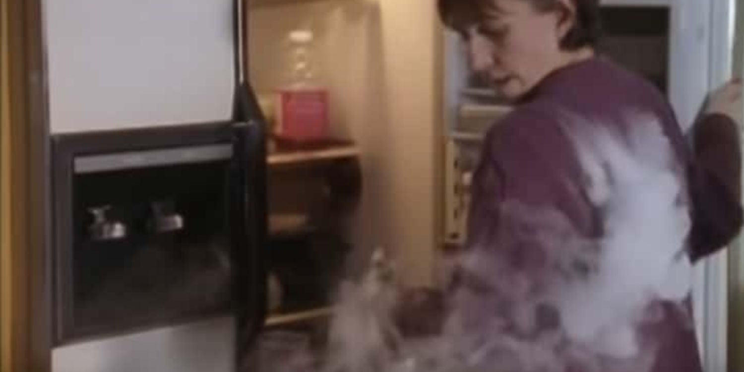 A still from Unsolved Mysteries. A woman has smoke coming from her sweater.