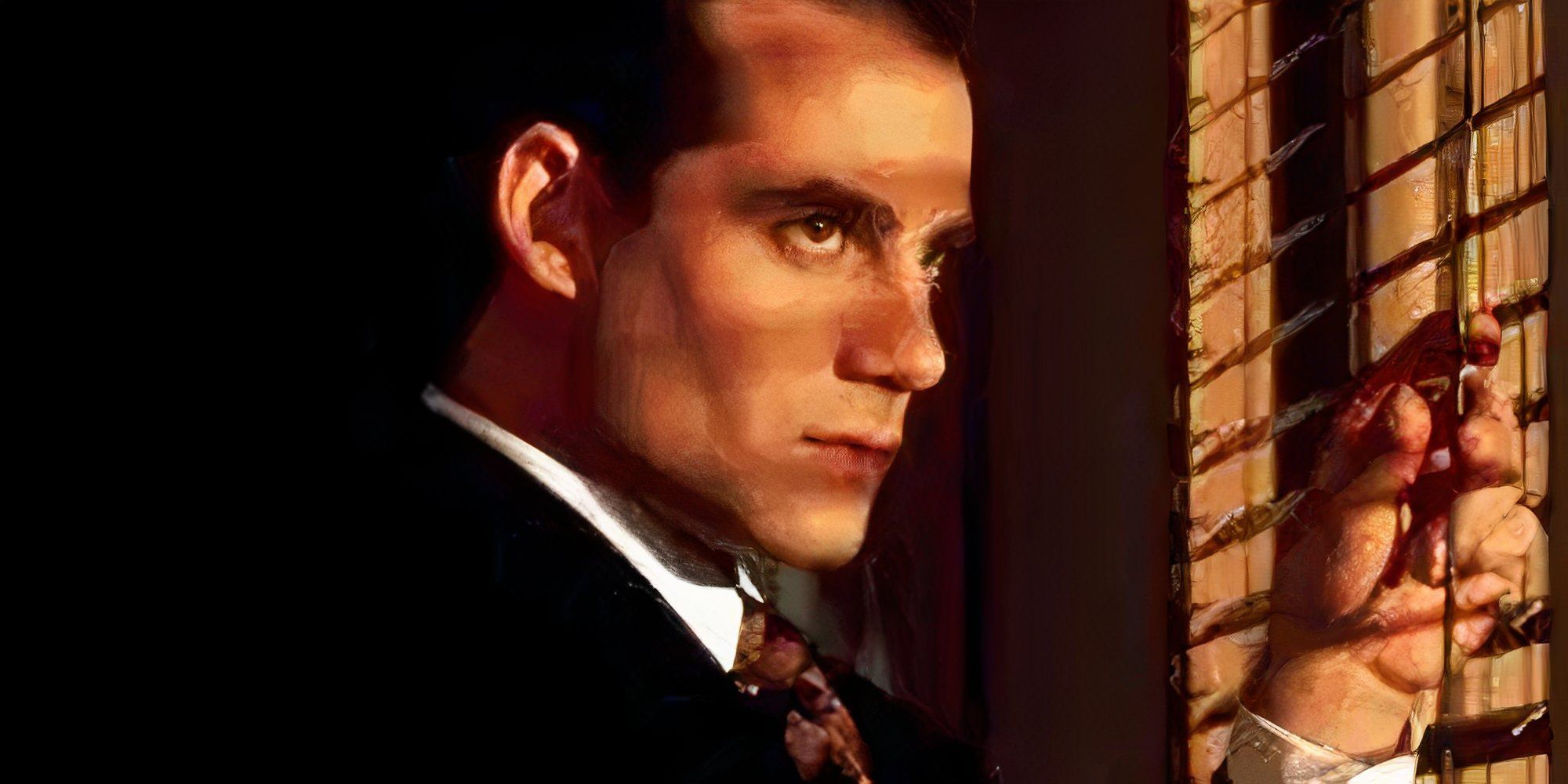 Adrian Pasdar as Jim Profit looking out of some blinds suspiciously in Profit.