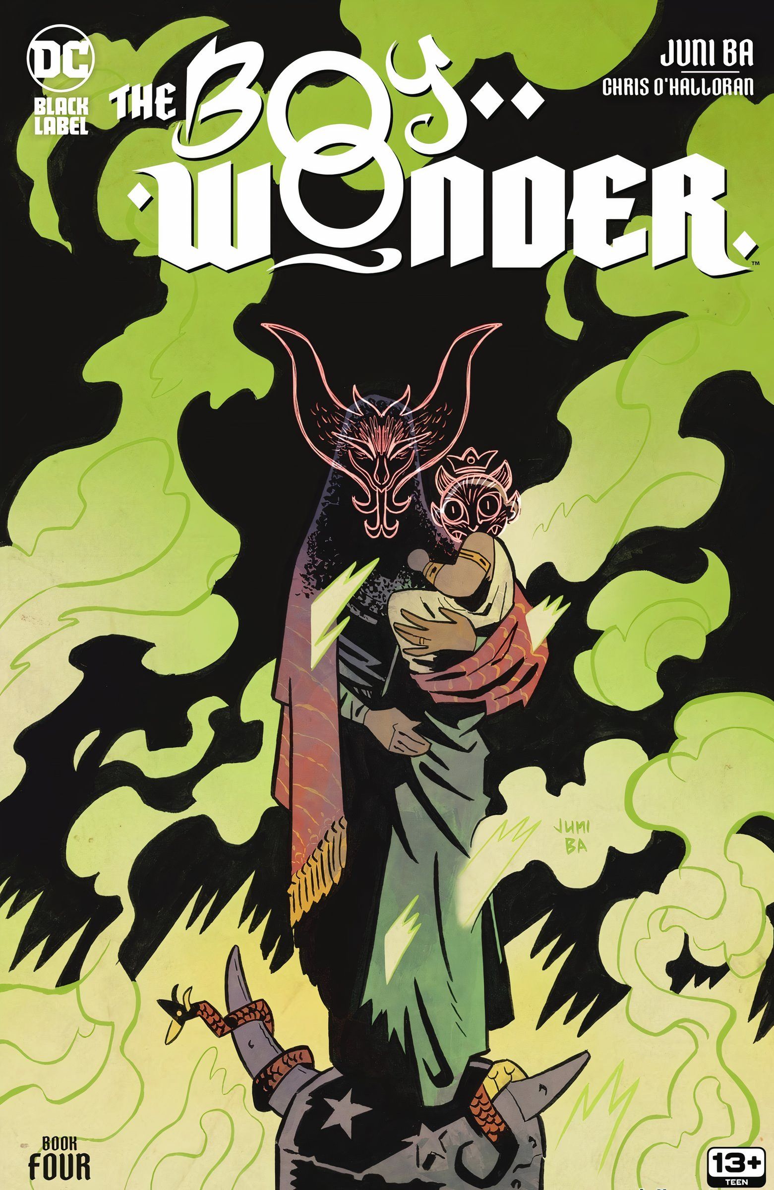 Portada principal de The Boy Wonder 4: Ra's al Ghul sostiene al niño en una niebla verde y fuego.