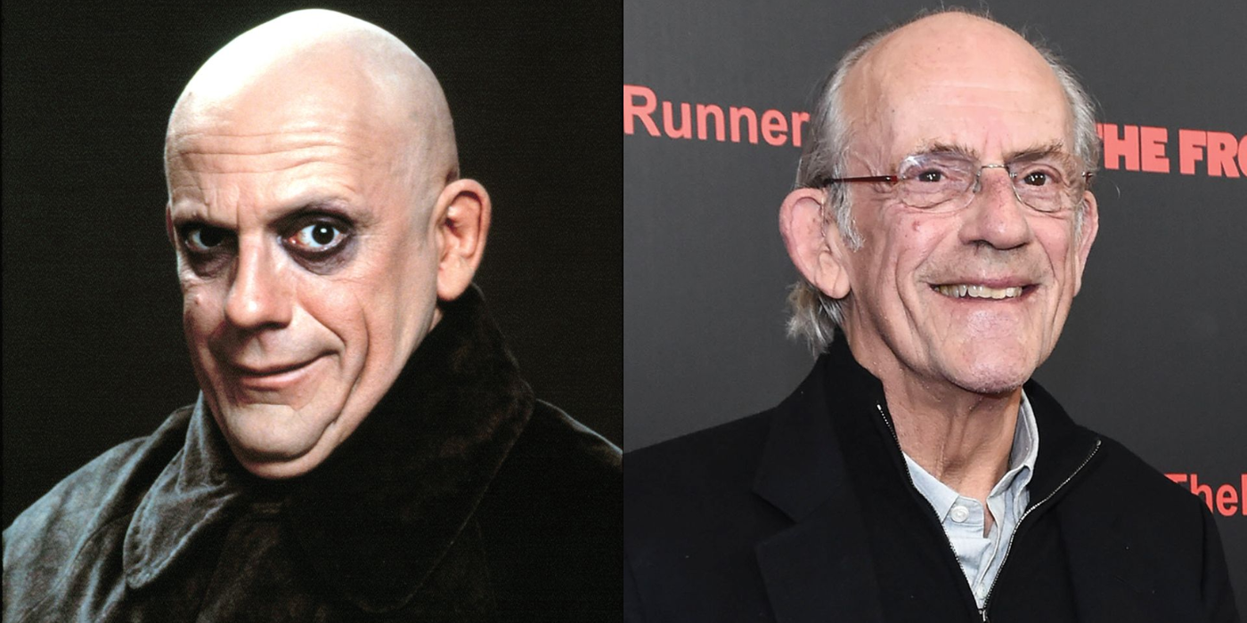 A side-by-side of actor Christopher Lloyd and his character Uncle Fester from The Addams Family (1991).