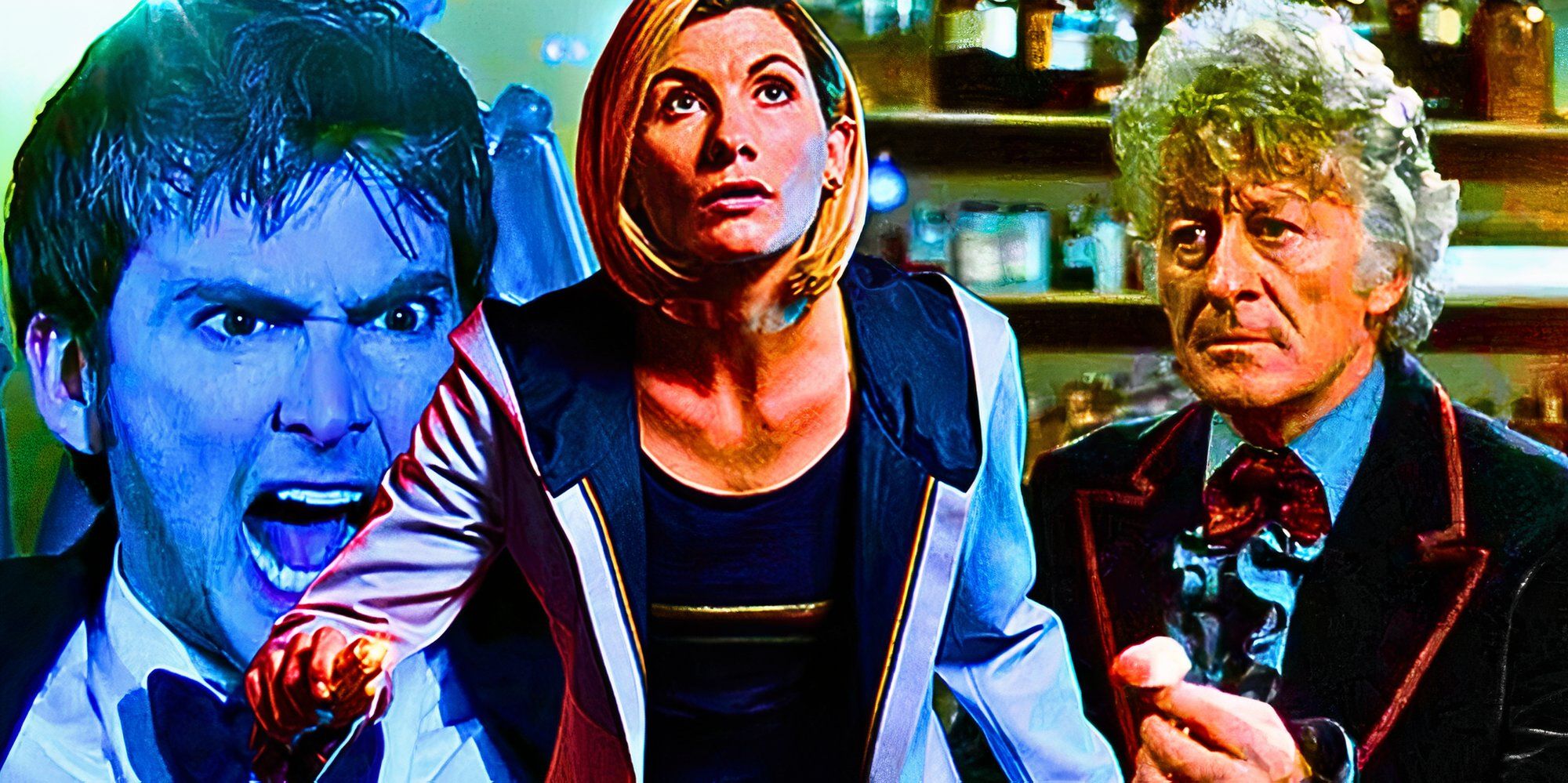 A custom Doctor Who image of David Tennant's Tenth Doctor, Jodie Whittaker's Thirteenth, and Jon Pertwee's Third