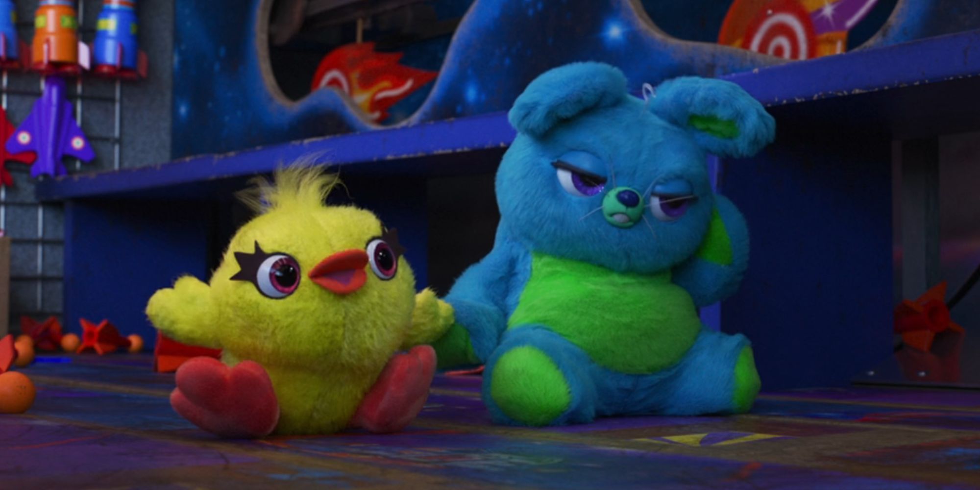 Ducky looking happy and Bunny looking sad in Toy Story 4