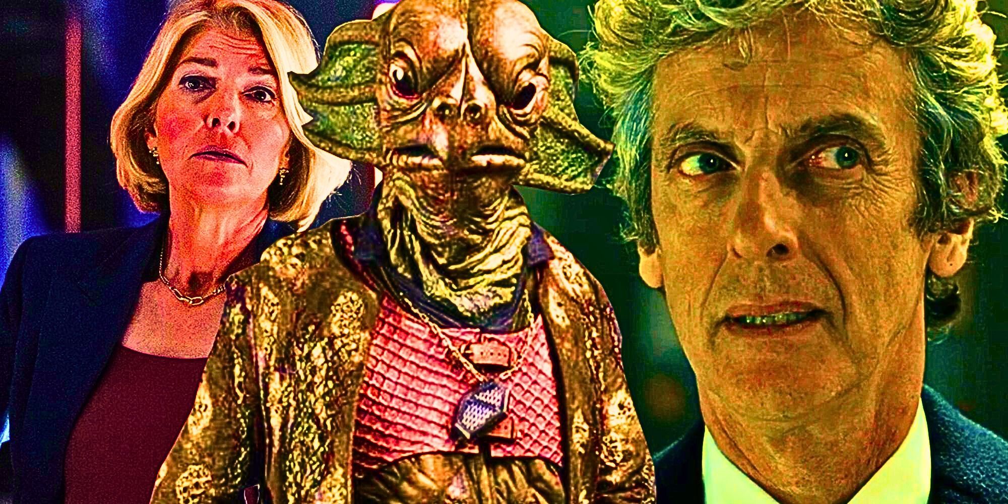 A custom Doctor Who image of Jemma Redgrave as Kate Lethbridge-Stewart, Peter Capaldi as the Twelfth Doctor, and a Sea Devil