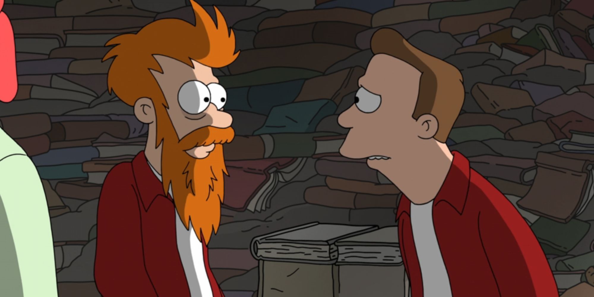 Um Fry desgrenhado sendo falado por Frank em Futurama