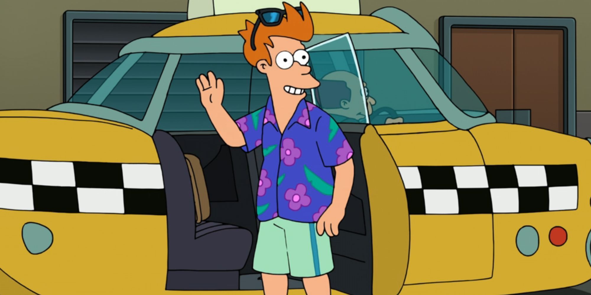 Fry by waving in front of a taxi in Futurama