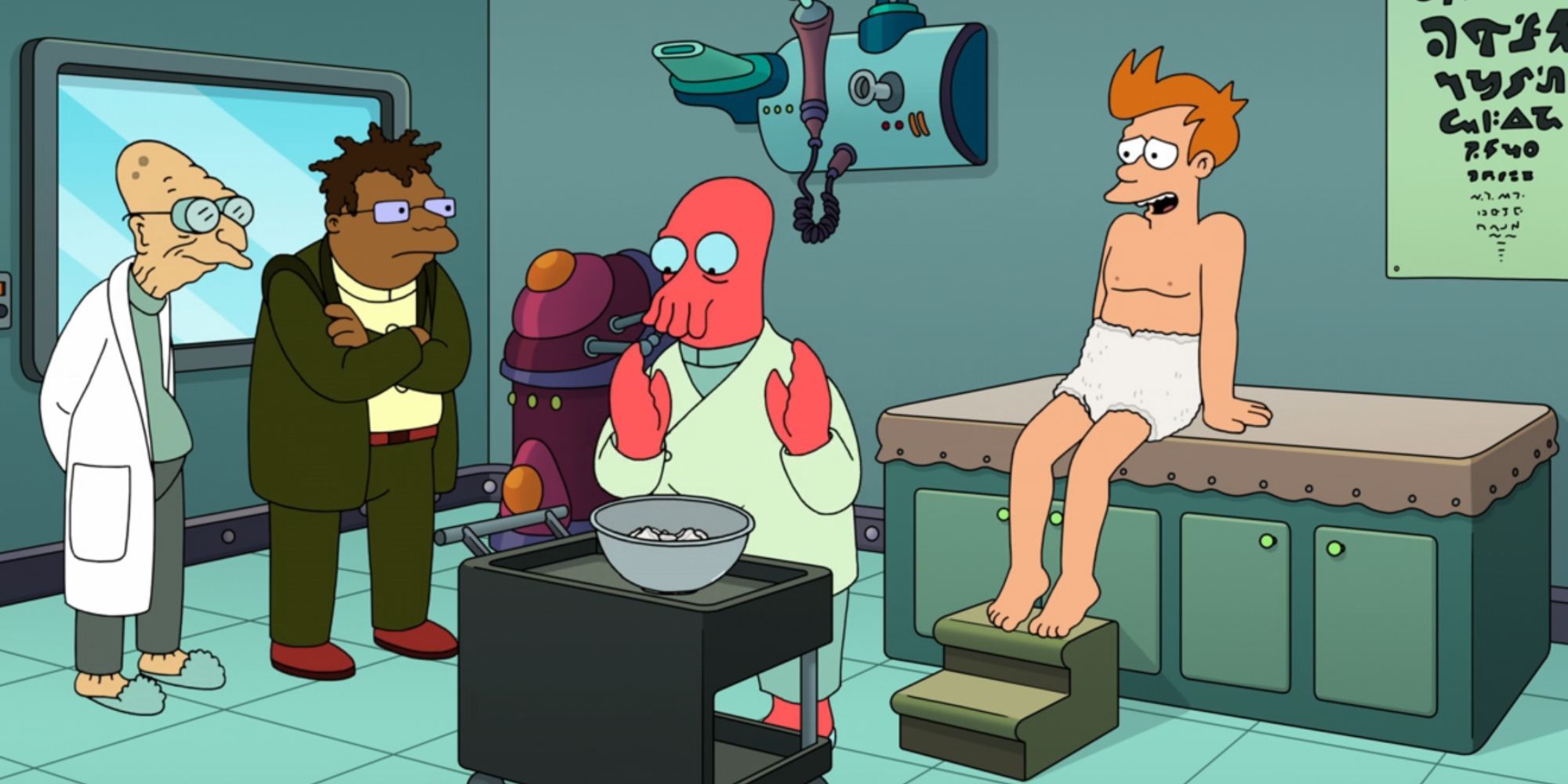 Zoidberg trata a Fry en Futurama como si estuviera observando a Farnsworth y Hermes.