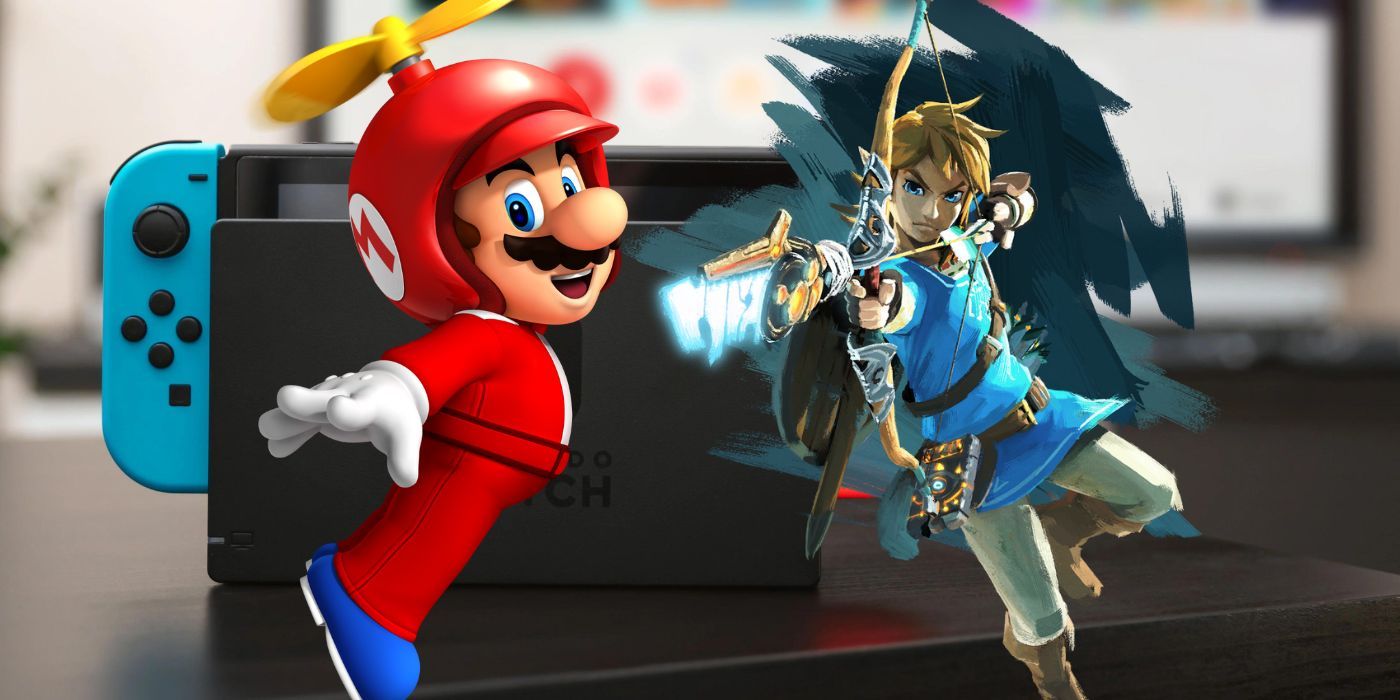 Mario com chapéu de hélice e Link disparando arco com o Nintendo Switch