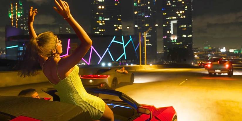 Lucia in the car with Jason driving with the top down while waving her hands in the air in GTA 6.