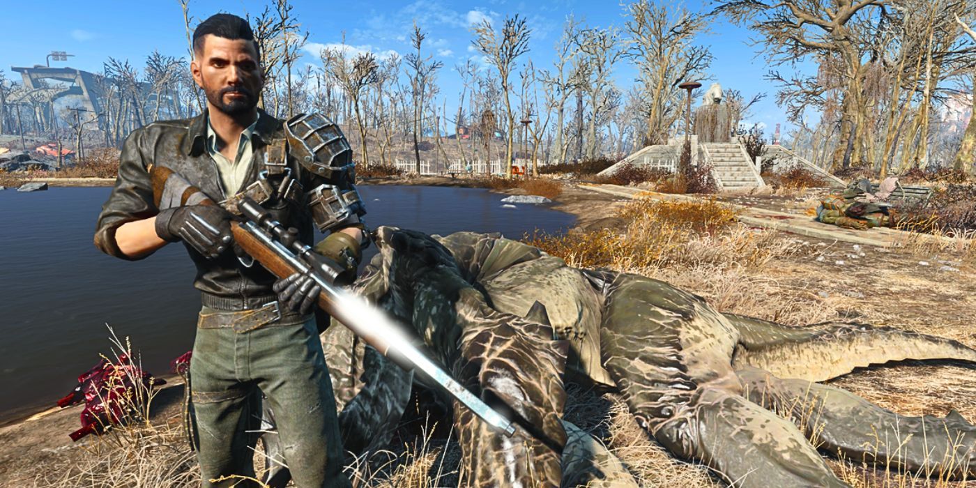 Um jogador de Fallout 4 com um rifle de caça ao lado de um Deathclaw morto