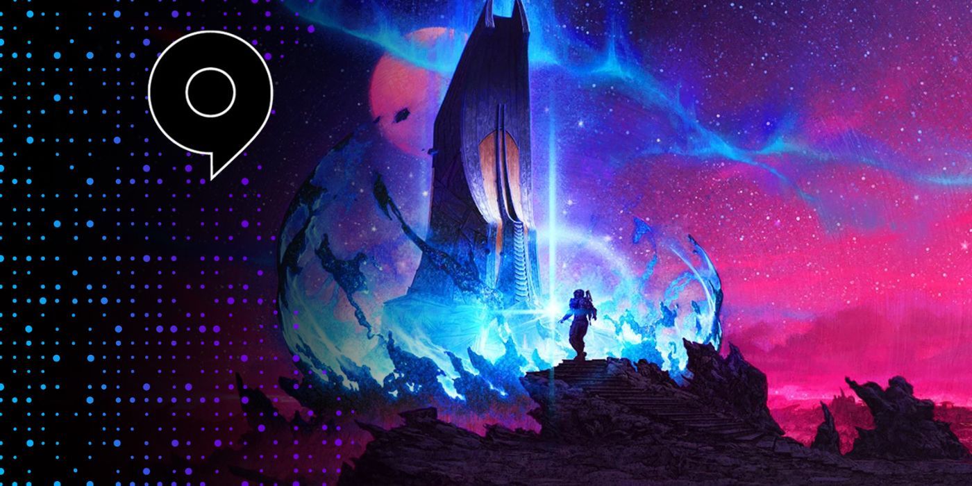 A starfield player looking at a spooky monolith in a purple-tinged galaxy