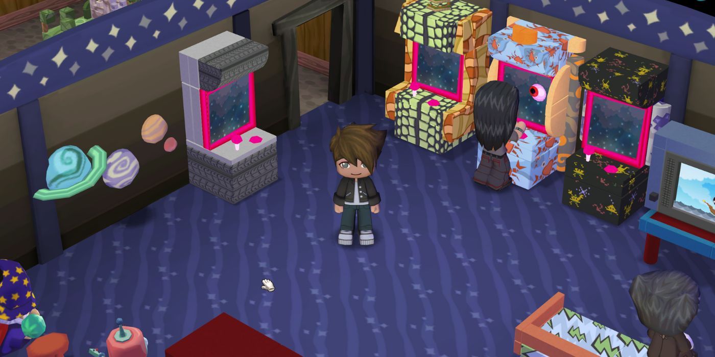 Un personaje de MySims parado en una sala de juegos con temática espacial.