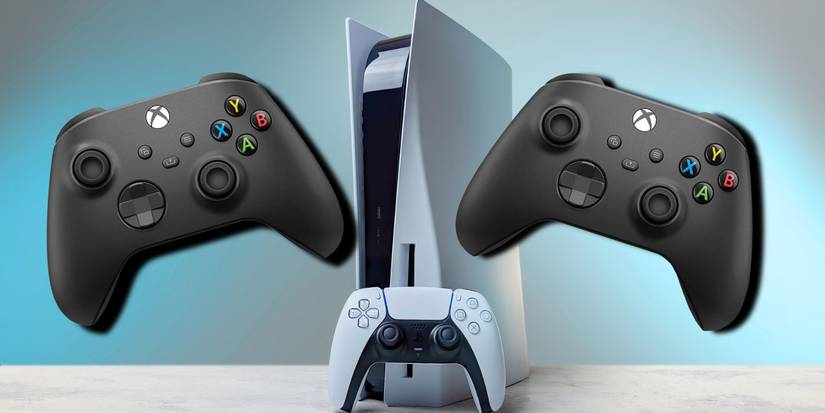 Two Xbox Series X controllers alongside a PlayStation 5