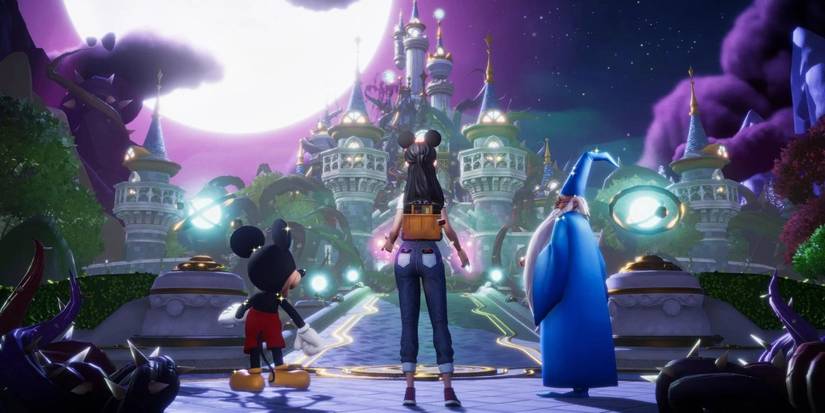 A Disney Dreamlight Valley character looking at a thorny castle alongside Mickey Mouse and Merlin.