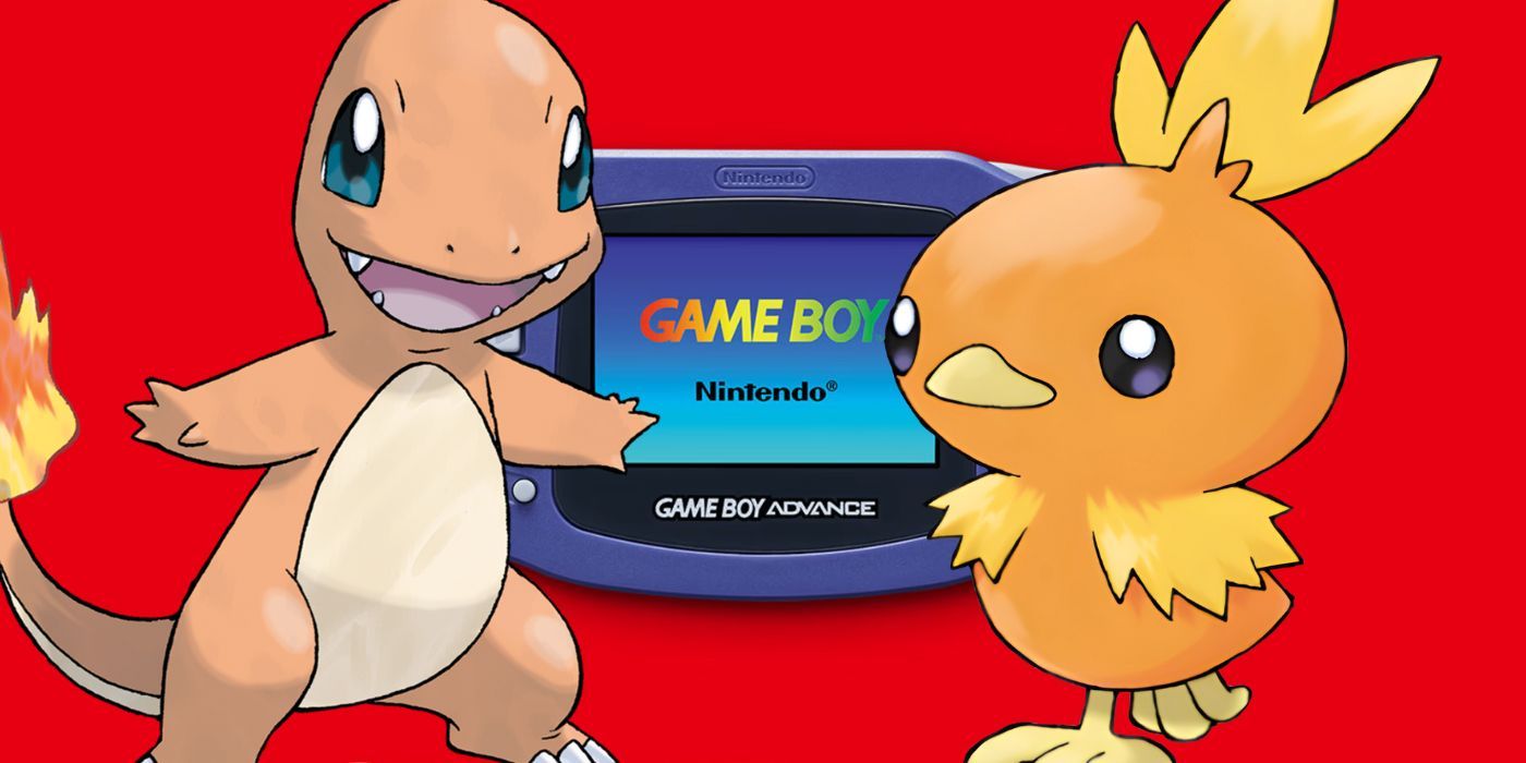 Charmander and Torchic overlaid on a Game Boy Advance