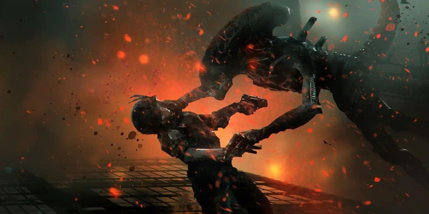 A Xenomorph leaps through flames to attack a Colonial Marine