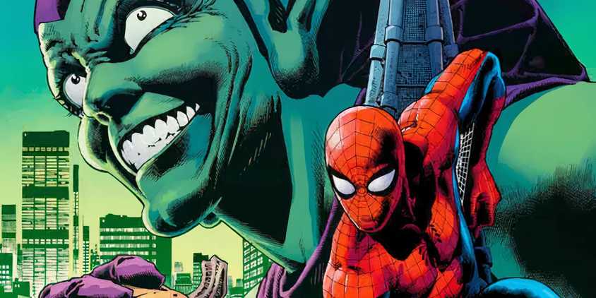 Spider-Man in front of Green Goblin's giant head in Marvel comics