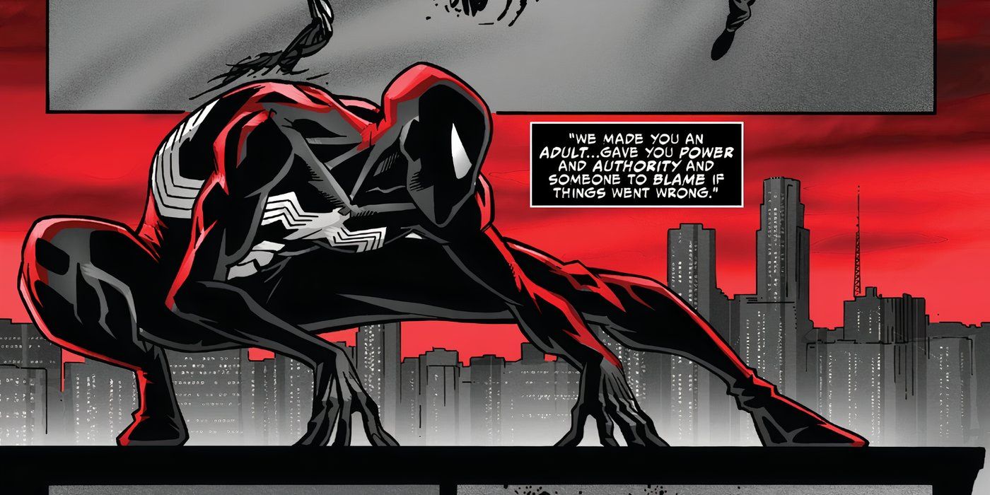 Spider-Man crouches on the roof in a black suit as the symbiote speaks.