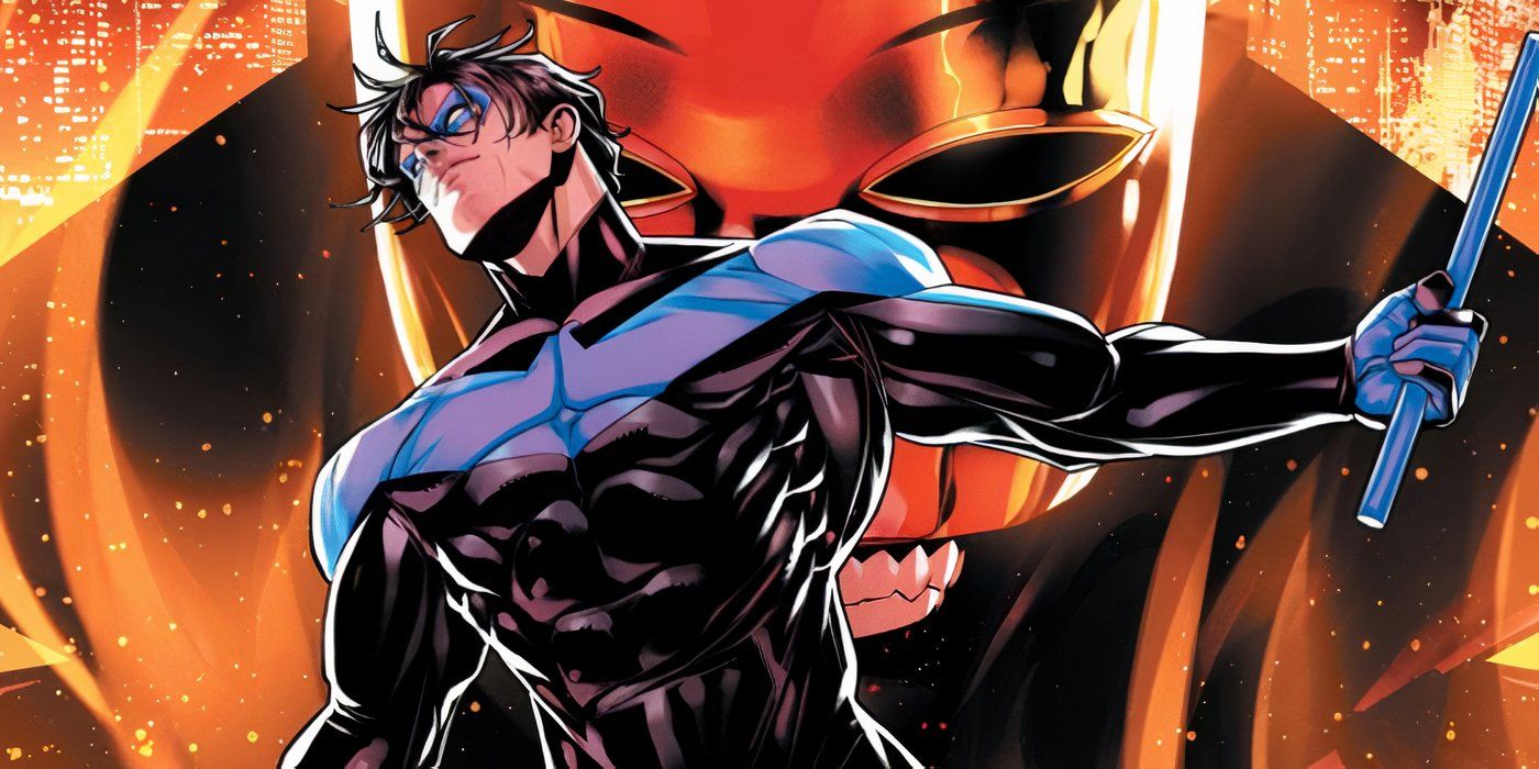 Comic book art: Nightwing spreads his arms in front of Heartless.