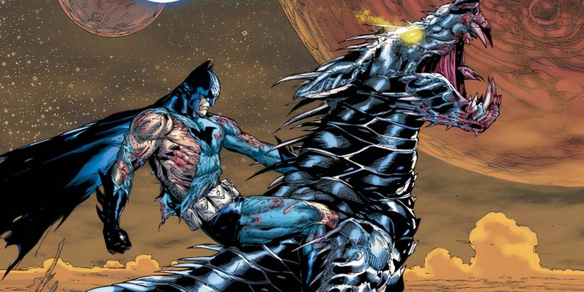 Comic book art: Batman riding a Space Wolf.