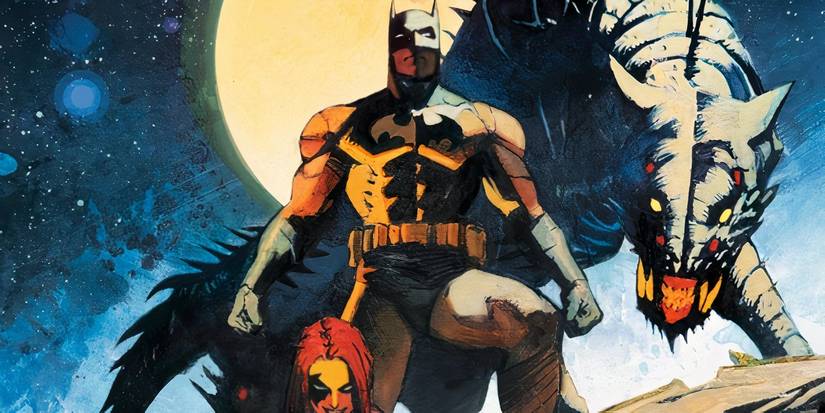 Comic book art: Batman stands in space with a large alien creature.