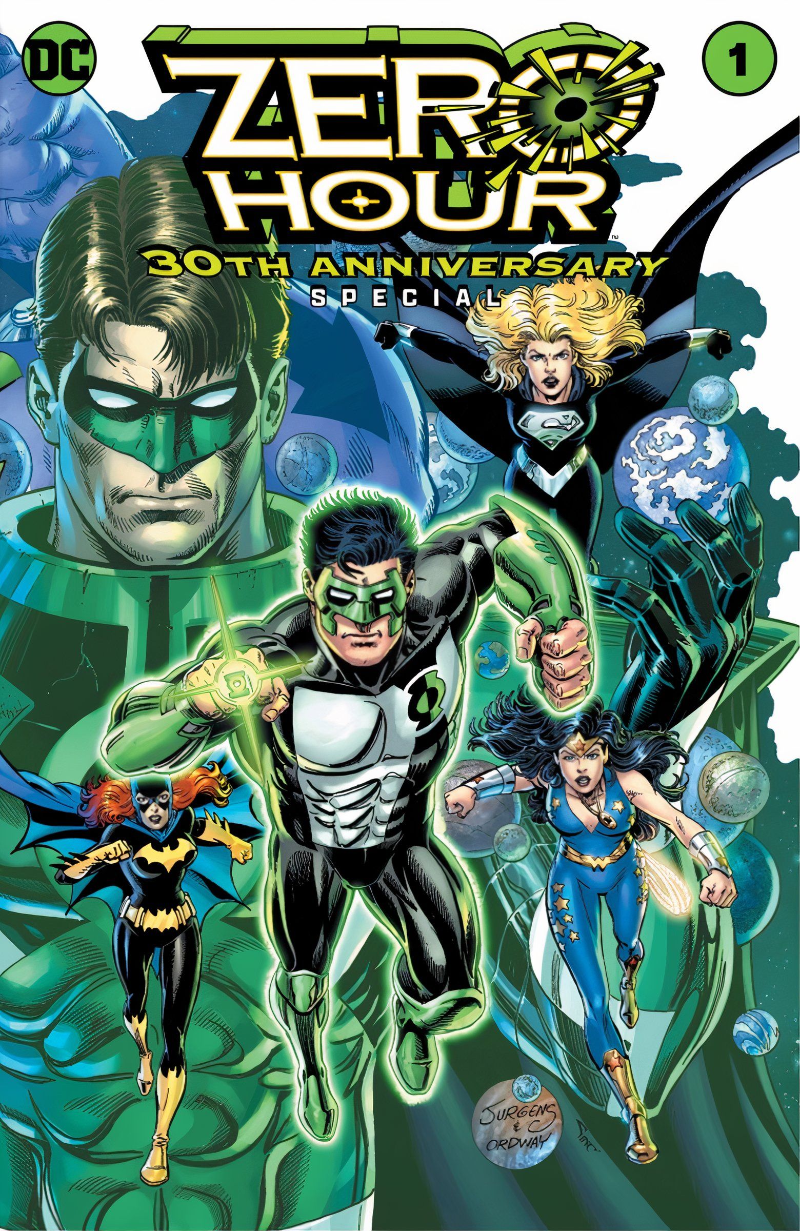 Zero Hour 30th Anniversary Special 1 Main Cover : Green Lantern Kyle Rayner bondit en avant avec Supergirl, Batgirl, Donna Troy et Hal Jordan.