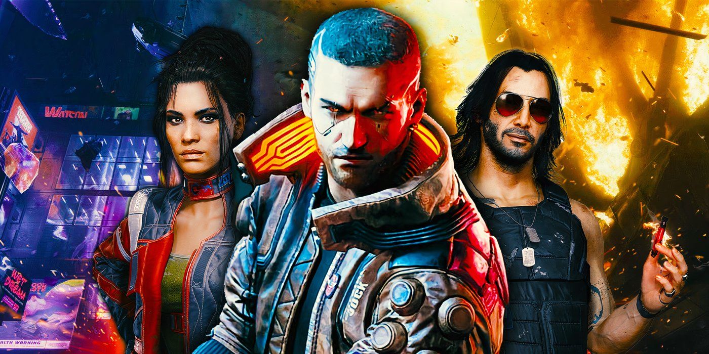 On the left is Panam from Cyberpunk 2077, V is in the middle with glowing red eyes, and on the right is Johnny Silverhand with an explosion behind him.