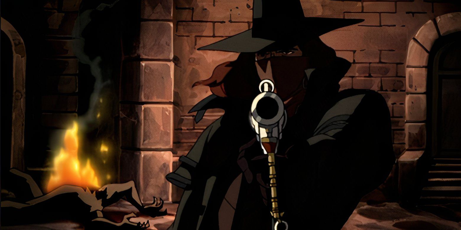 A masked Van Helsing aims his gun at the camera in the animated short Van Helsing The London Assignment