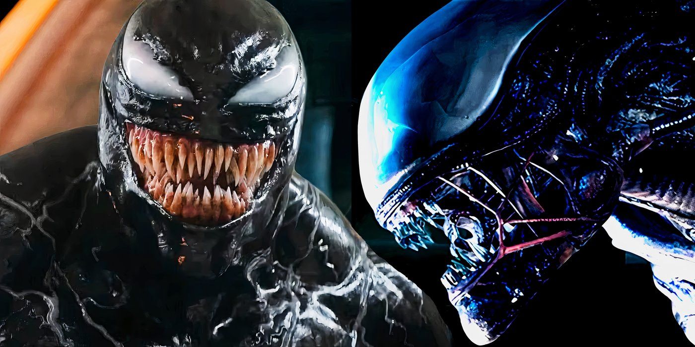 Live-action Venom to the left and a Xenomorph looking at him to the right