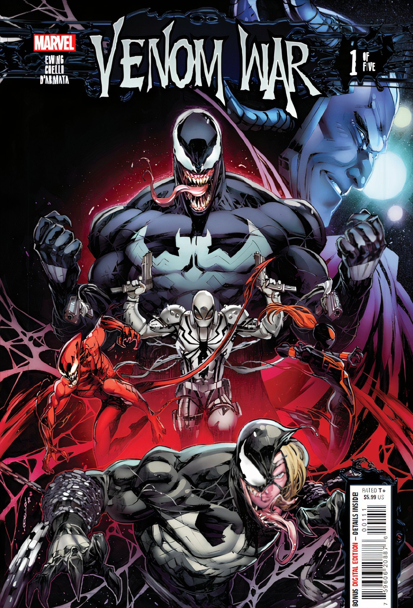 Venom War #1, vários hospedeiros Venom e outros simbiontes envoltos em teias escuras pretas e vermelhas.